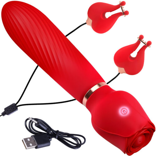 Wibrator o Wyglądający jak Róża z Klipsami do Piersi