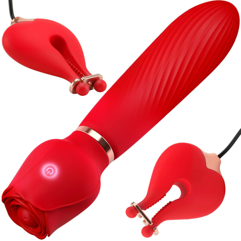 Wibrator o Wyglądający jak Róża z Klipsami do Piersi