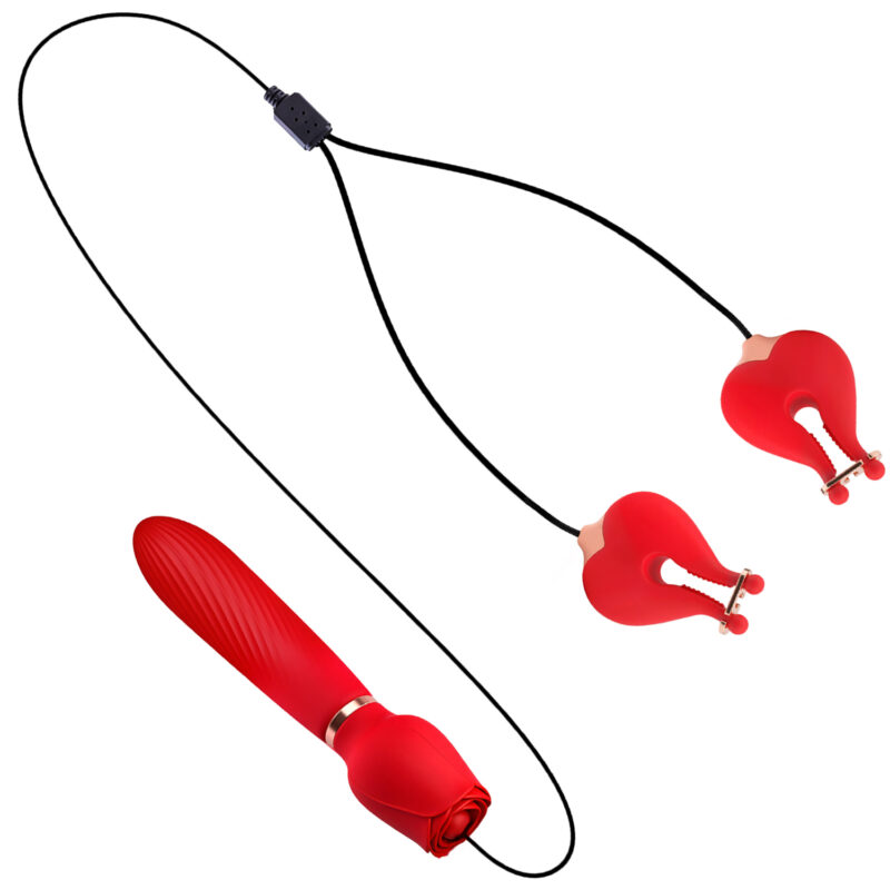 Wibrator Wyglądający jak Róża z Klipsami do Piersi